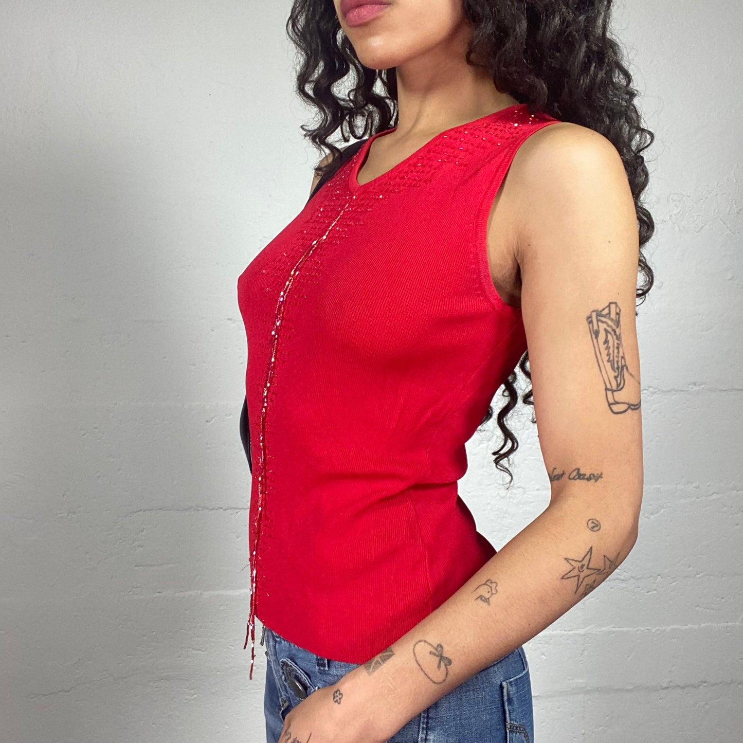 Vintage 2000's Clubwear Blood Red Jersey Tank Top with Sequins Embroidery (S)
