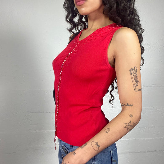 Vintage 2000's Clubwear Blood Red Jersey Tank Top with Sequins Embroidery (S)