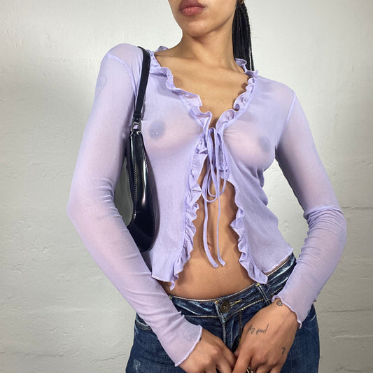 Vintage 2000's Soft Girl Lavender Colour Mesh Longsleeve Ruffled Trim Bolero Top (S)