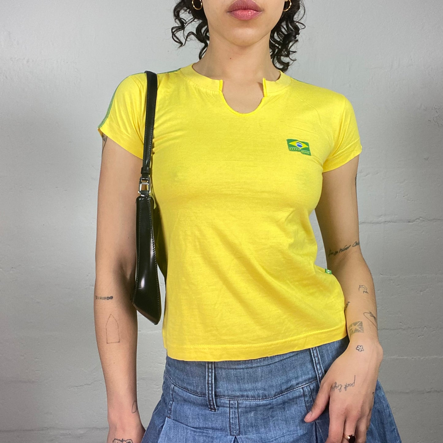 Vintage 2000's Summer Yellow Baby Tee with Green Details and Neck Cut (S)