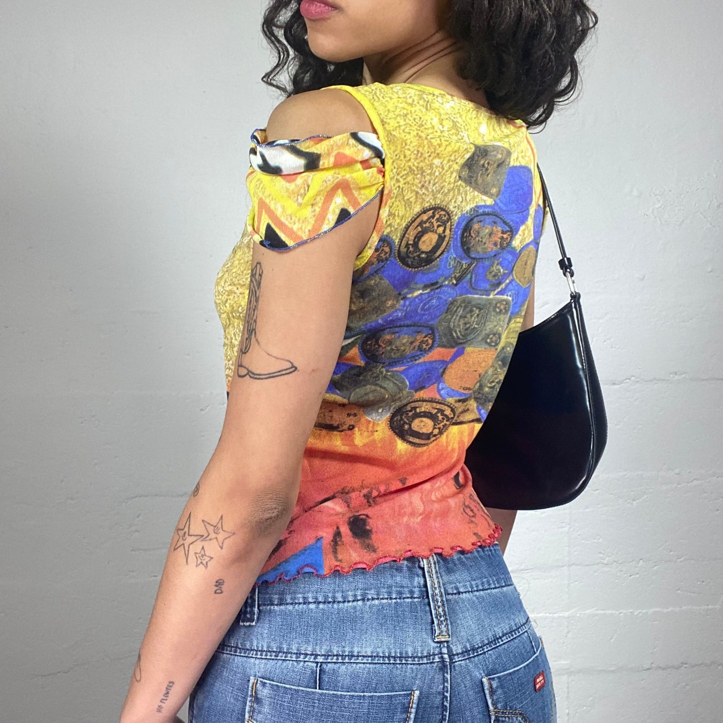 Vintage 2000's Summer Yellow Tee with Multicoloured Print and Chiffon Draped Micro Sleeves (L)