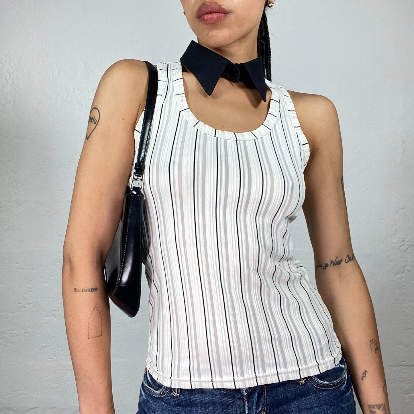 Vintage 2000's Funky White Striped Tank Top with Contrast Black Collar (M)