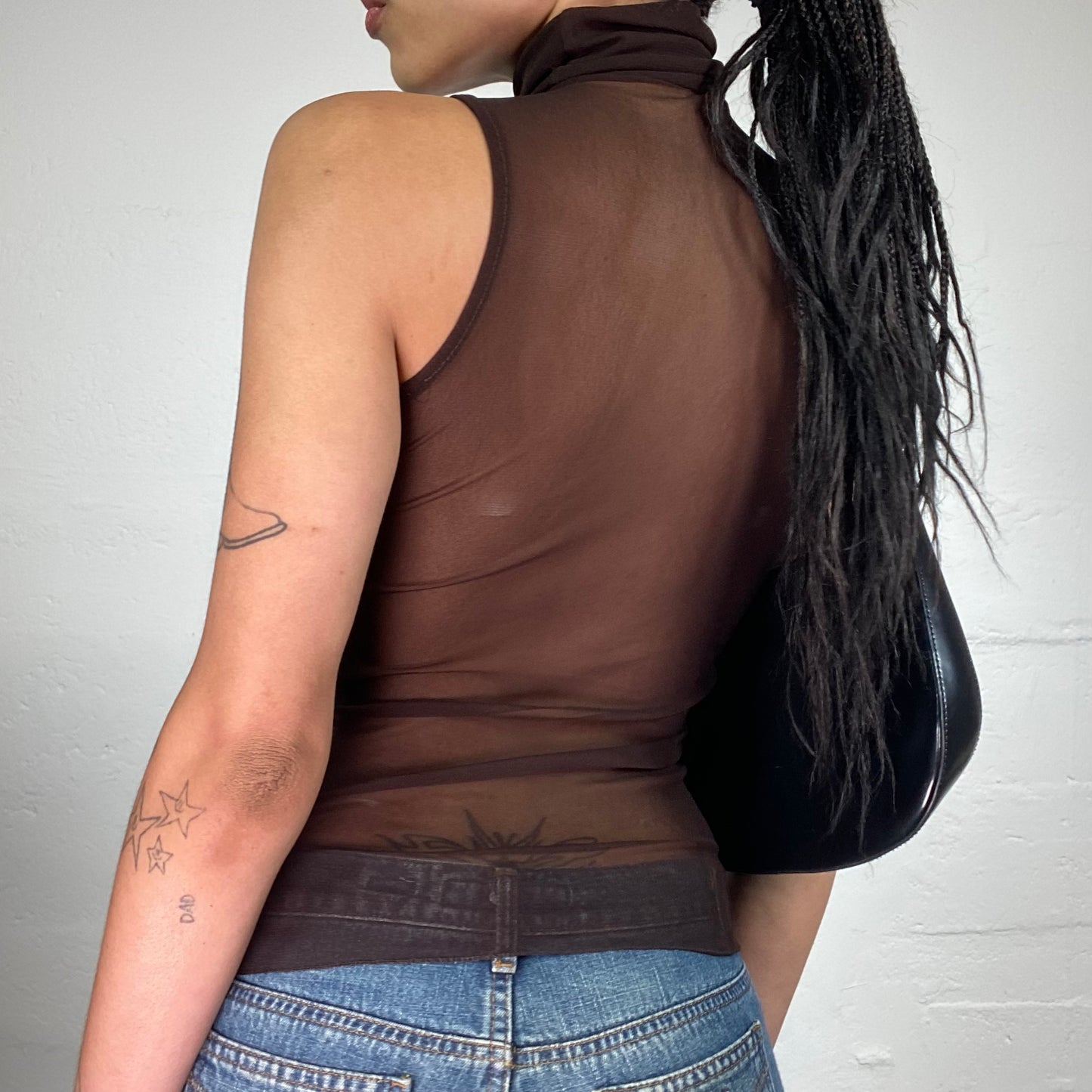 Vintage 2000's Boho Girl Brown Turtleneck Sleeveless Mesh Top with Blue and Beige Knitted Floral Embroidery (S)