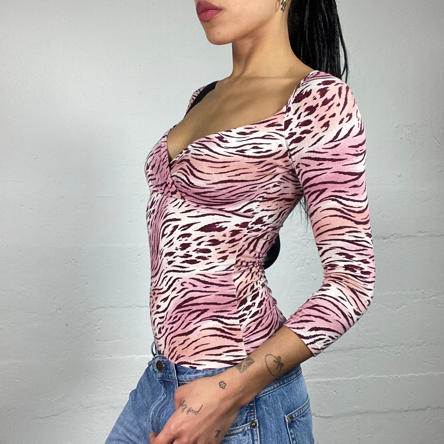 Vintage 2000's Soft Girl Pink Toned 3/4 Sleeve Abstract Printed Top (S)
