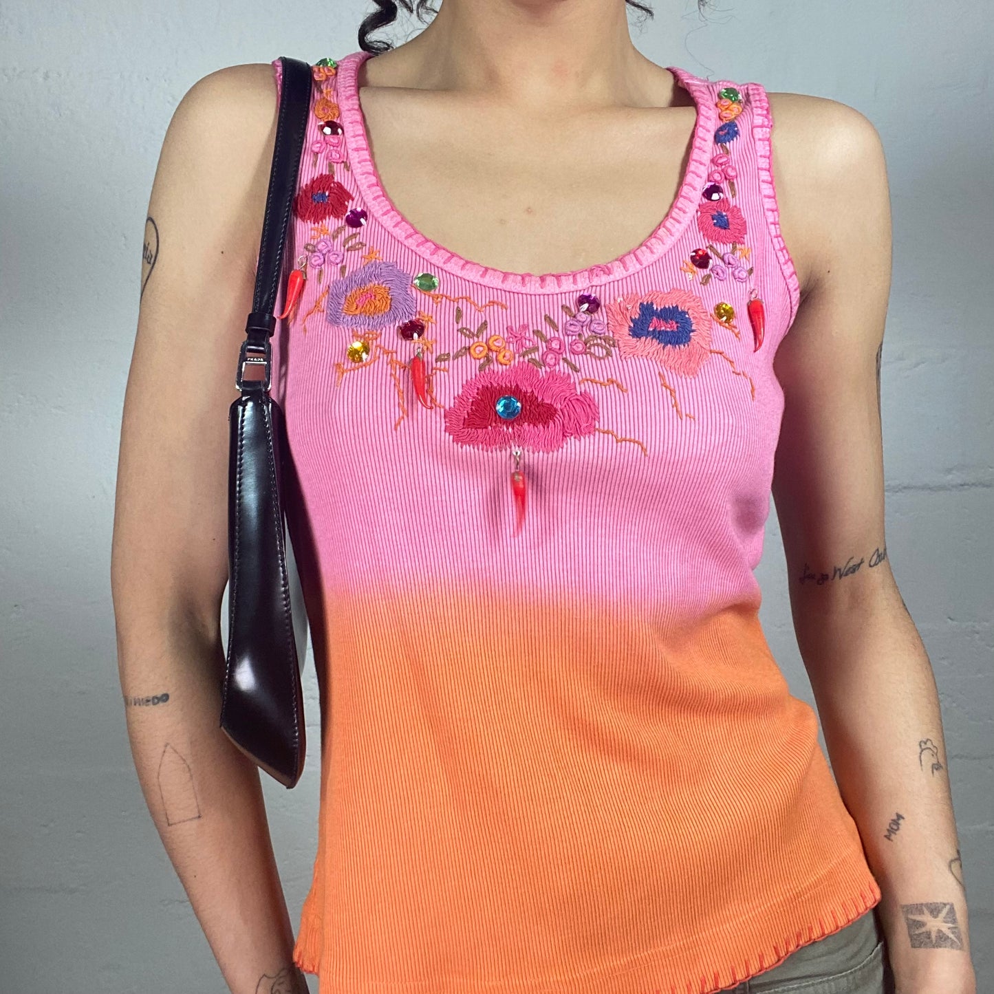 Vintage 2000's Hippie Jersey Orange and Pink Tank Top with Sequins Decorated Embroidery (M)
