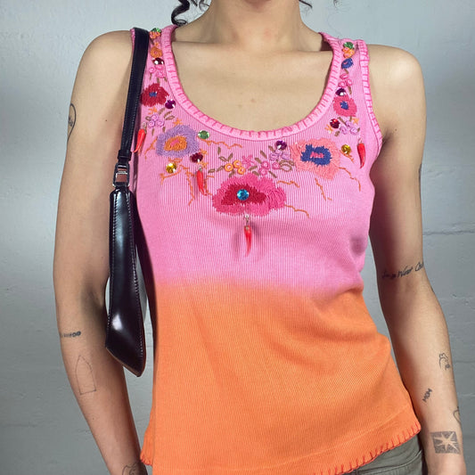 Vintage 2000's Hippie Jersey Orange and Pink Tank Top with Sequins Decorated Embroidery (M)