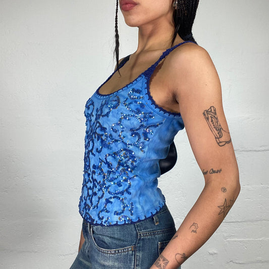 Vintage 2000's Summer Girl Sky Blue Jersey Tank Top with Crochet Details and Sequin Embroidery (S)