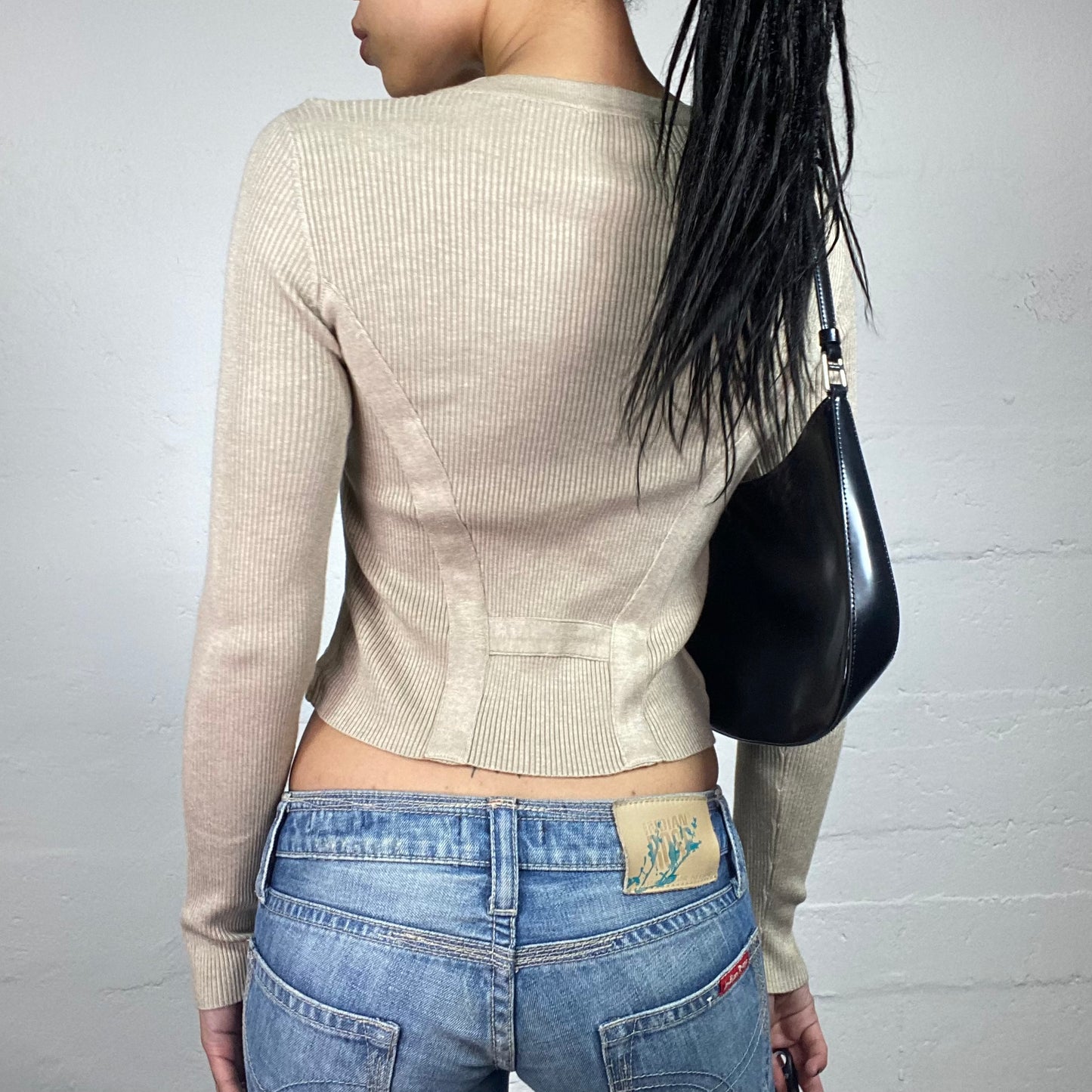 Vintage 2000's Downtown Girl Cold Beige Striped Jersey Longsleeve Zip Up Top with Golden Eyelet Details (S)