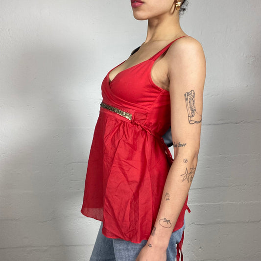 Vintage 2000's Summer Chic Red Shiffon Top with Gold Underbra Detail and Back Binding (M)