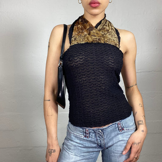 Vintage 2000's Boho Chic Black Textured Neckholder Top with Brown Detail (M)