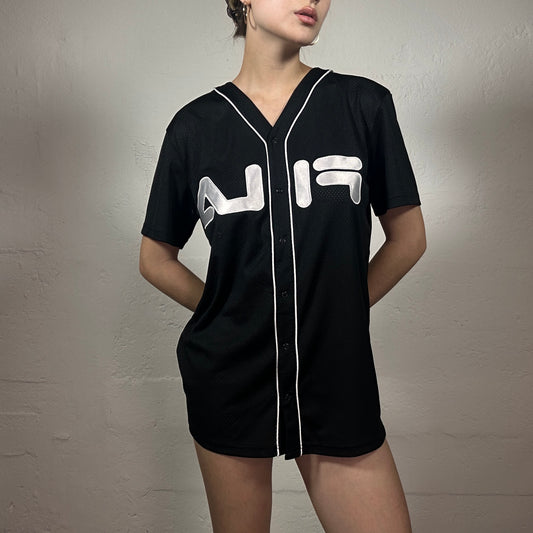 Vintage 2000's Fila Sporty Black Button Up Oversized Shirt with White Detail and Logo Embroidery (XS)