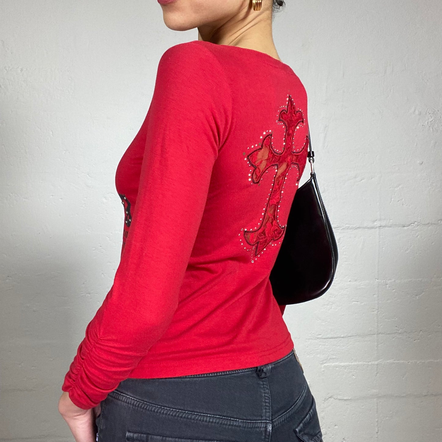Vintage 2000's Gothic Red Printed Longsleeve Top with Back Lace Cross Detail (S)