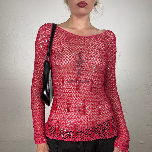 Vintage 2000's Date Night Red Knit Net Longsleeve Top with Sequuin Details (S/M)