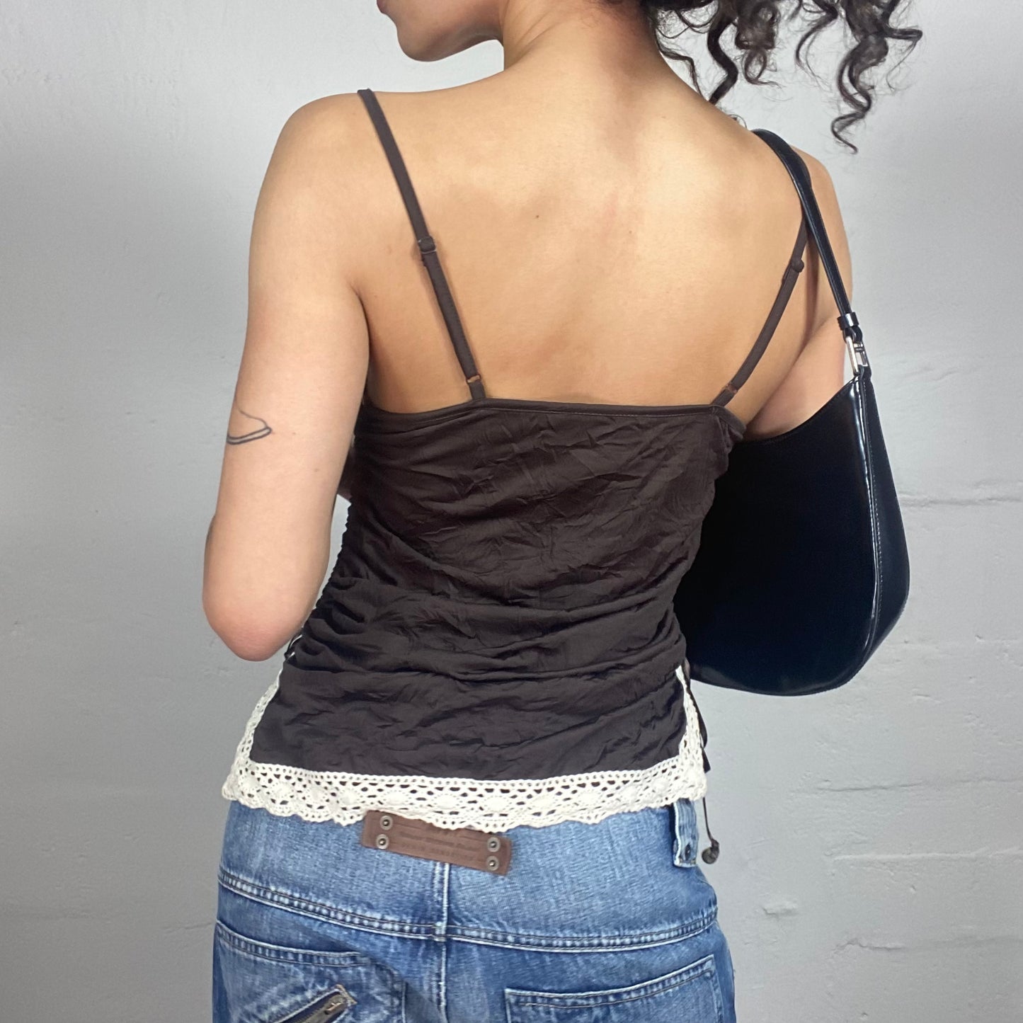 Vintage 2000's Romantic Brown Draped Cami Top with White Lace Trim (M)