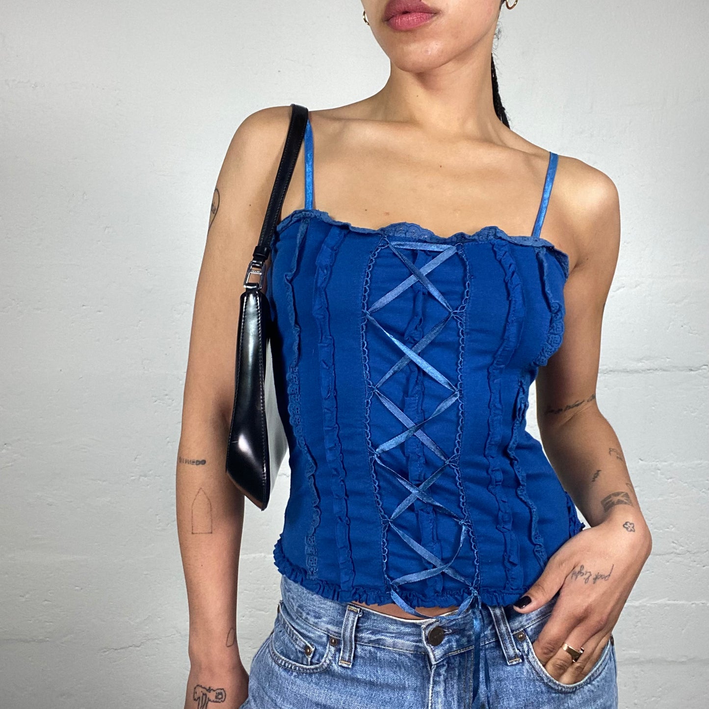 Vintage 2000's Sunny Day Walk Royal Blue Cami Top with Ruffles and Silky Lace Up Details (M)
