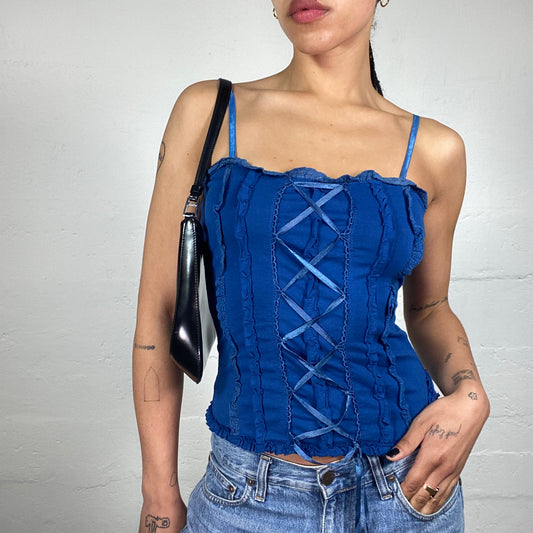 Vintage 2000's Sunny Day Walk Royal Blue Cami Top with Ruffles and Silky Lace Up Details (M)
