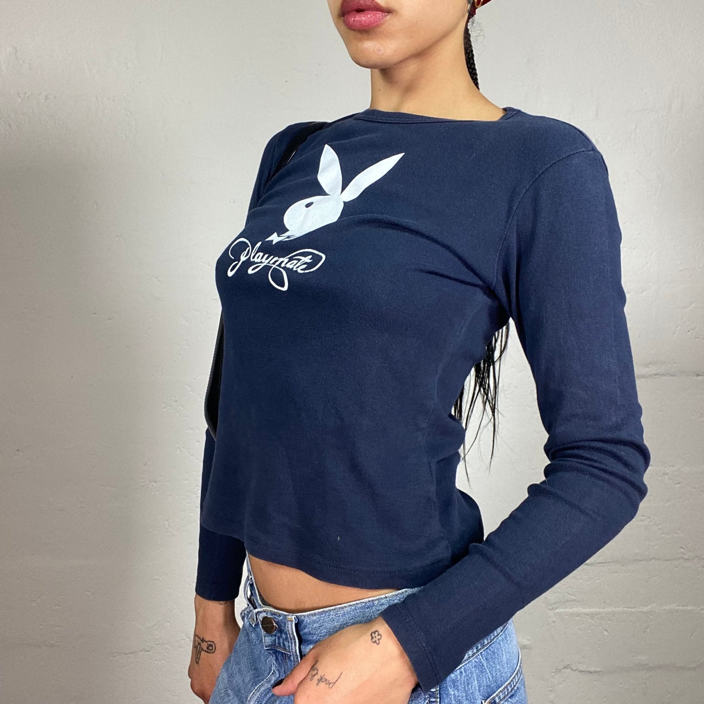 Vintage 2000's Playboy Casual Navy Blue Longsleeve Top with Playmate Logo White Print (L)