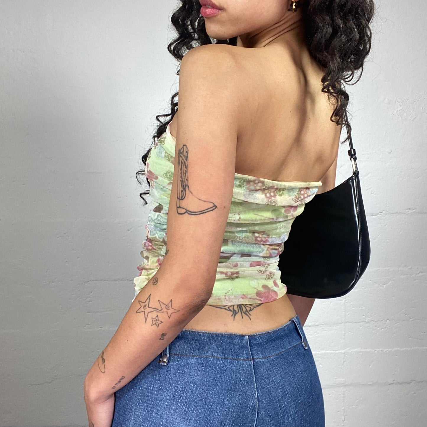 Vintage 2000's Garden Fairy Summer Green Chiffon Draped Tube Top with Floral Print (S)