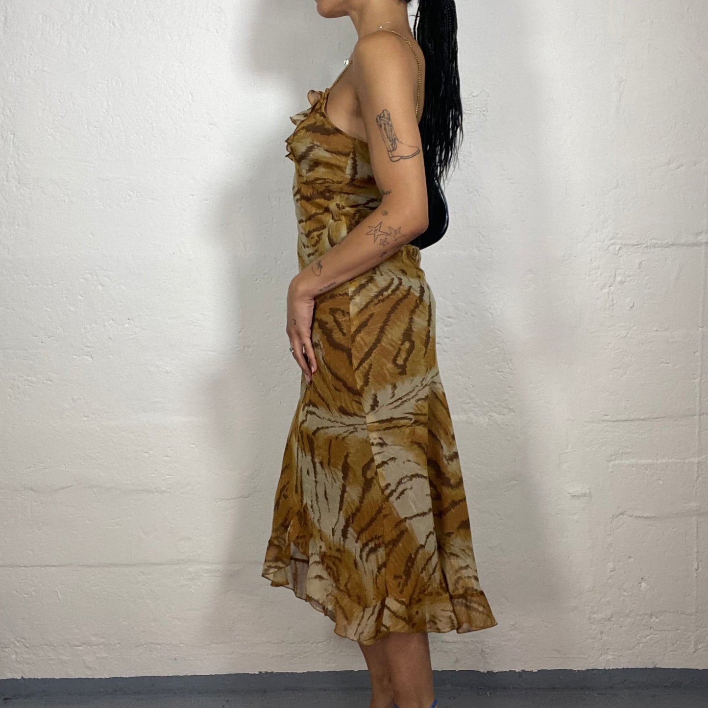 Vintage 2000's Summer Chic Warm Brown and Yellow Toned Maxi Cami Dress with Tiger Print (S)