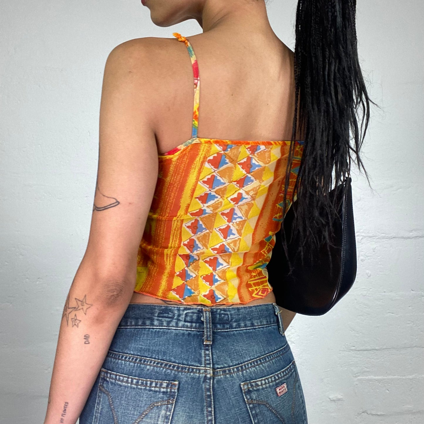 Vintage 2000's Hippie Summer Orange and Yellow Geometric Printed Cropped Cami Top (S)