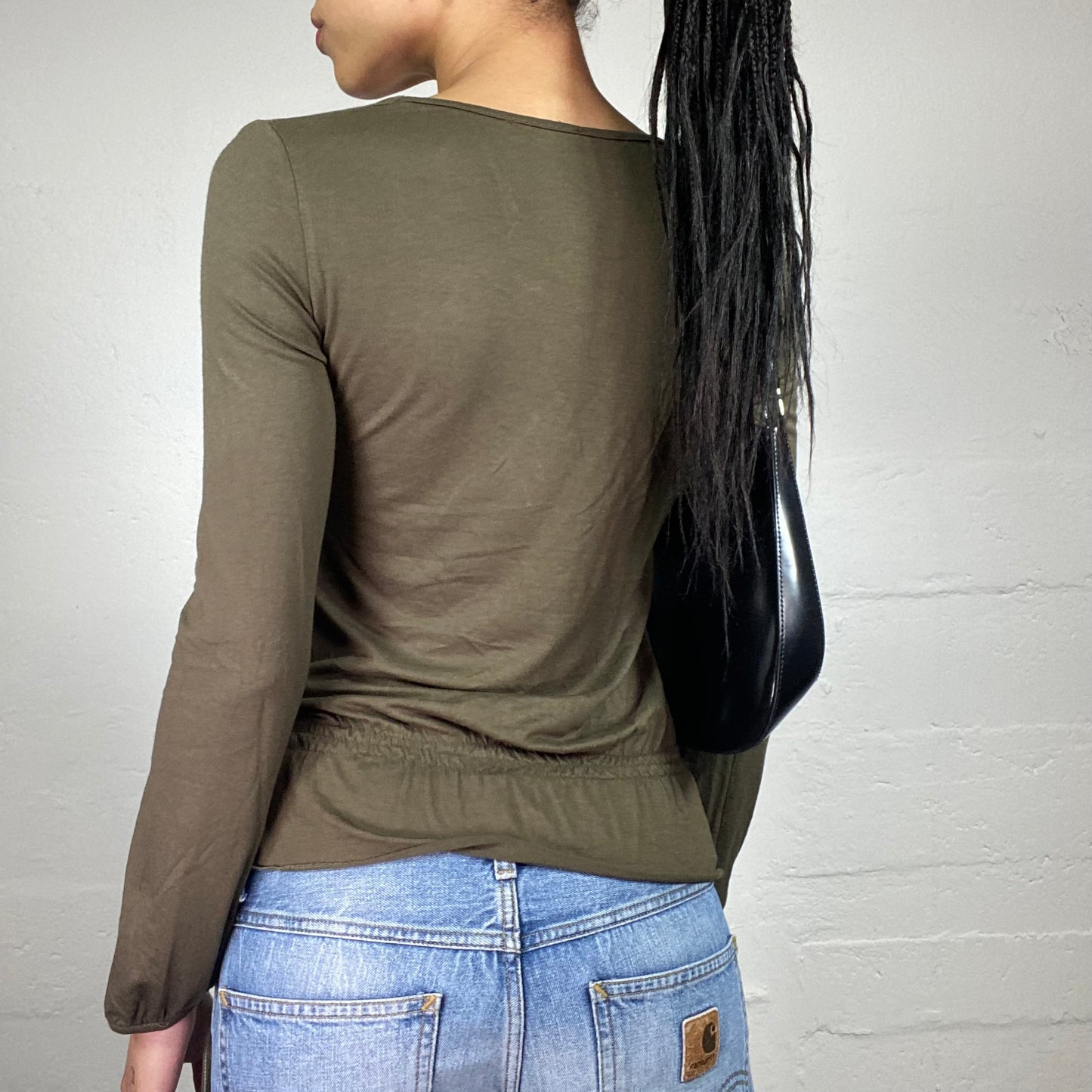 Vintage 2000's Chic Khaki Green Longsleeve V-Cut Draped Top with Sequin Embroidery Detail (M)