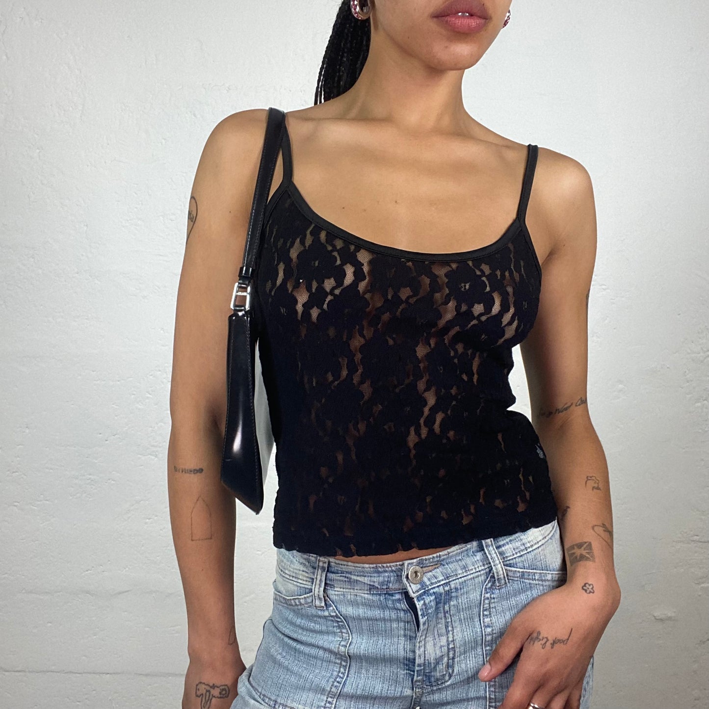 Vintage 2000’s Friday Night Out Black Classy Cropped Lace Material Cami Top (S)