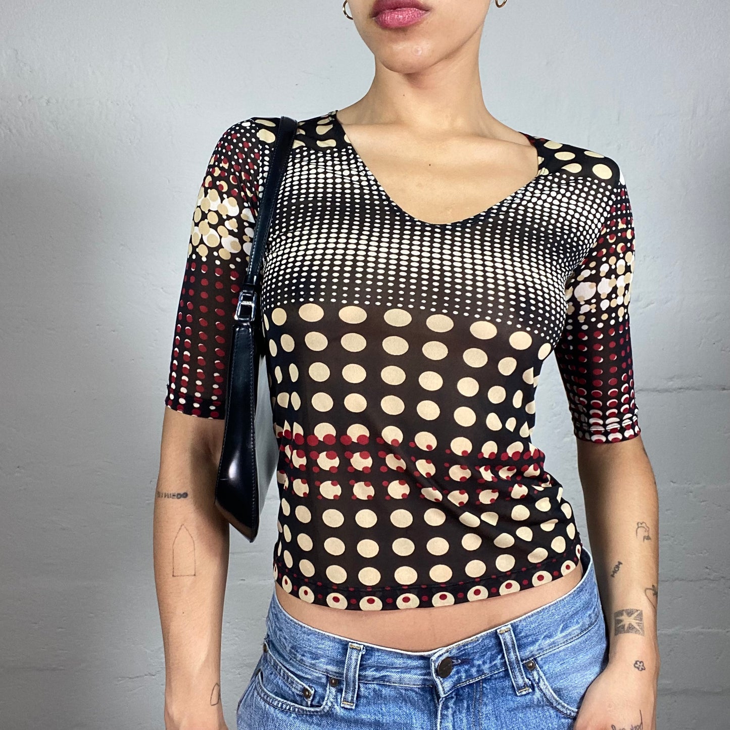 Vintage 2000's Pop Brown and Beige Toned Polka Dot Print Top with Red Accent (S)