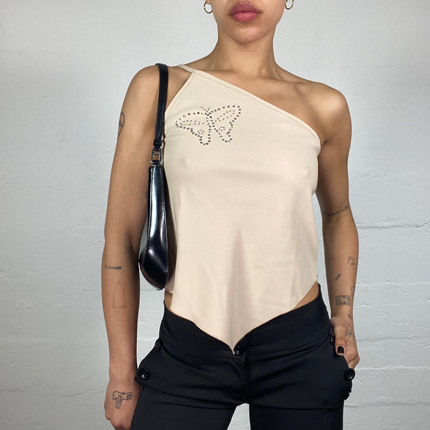 Vintage 2000's Morgan Downtown Girl One Shoulder Beige Asymmetric Cut Top with Rhinestones Butterfly Embroidery (S)