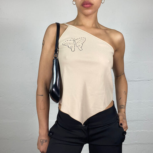 Vintage 2000's Morgan Downtown Girl One Shoulder Beige Asymmetric Cut Top with Rhinestones Butterfly Embroidery (S)