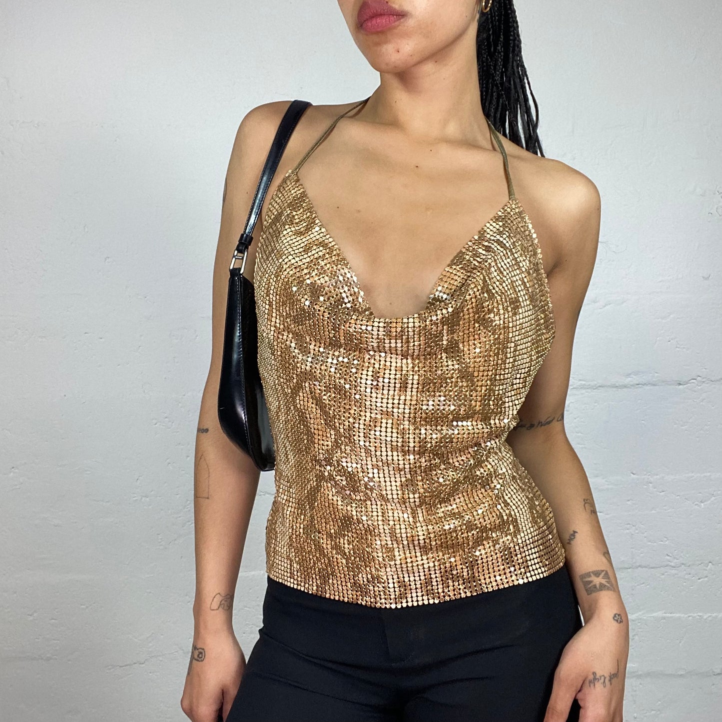 Vintage 2000's Morgan Glamorous Clubwear Golf Metal Net Shiny Draped Snake Skin Effect Neckholder Top with Open Back (S)