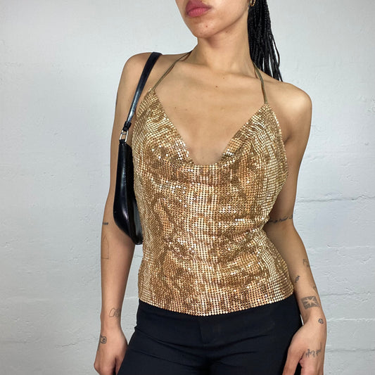 Vintage 2000's Morgan Glamorous Clubwear Golf Metal Net Shiny Draped Snake Skin Effect Neckholder Top with Open Back (S)