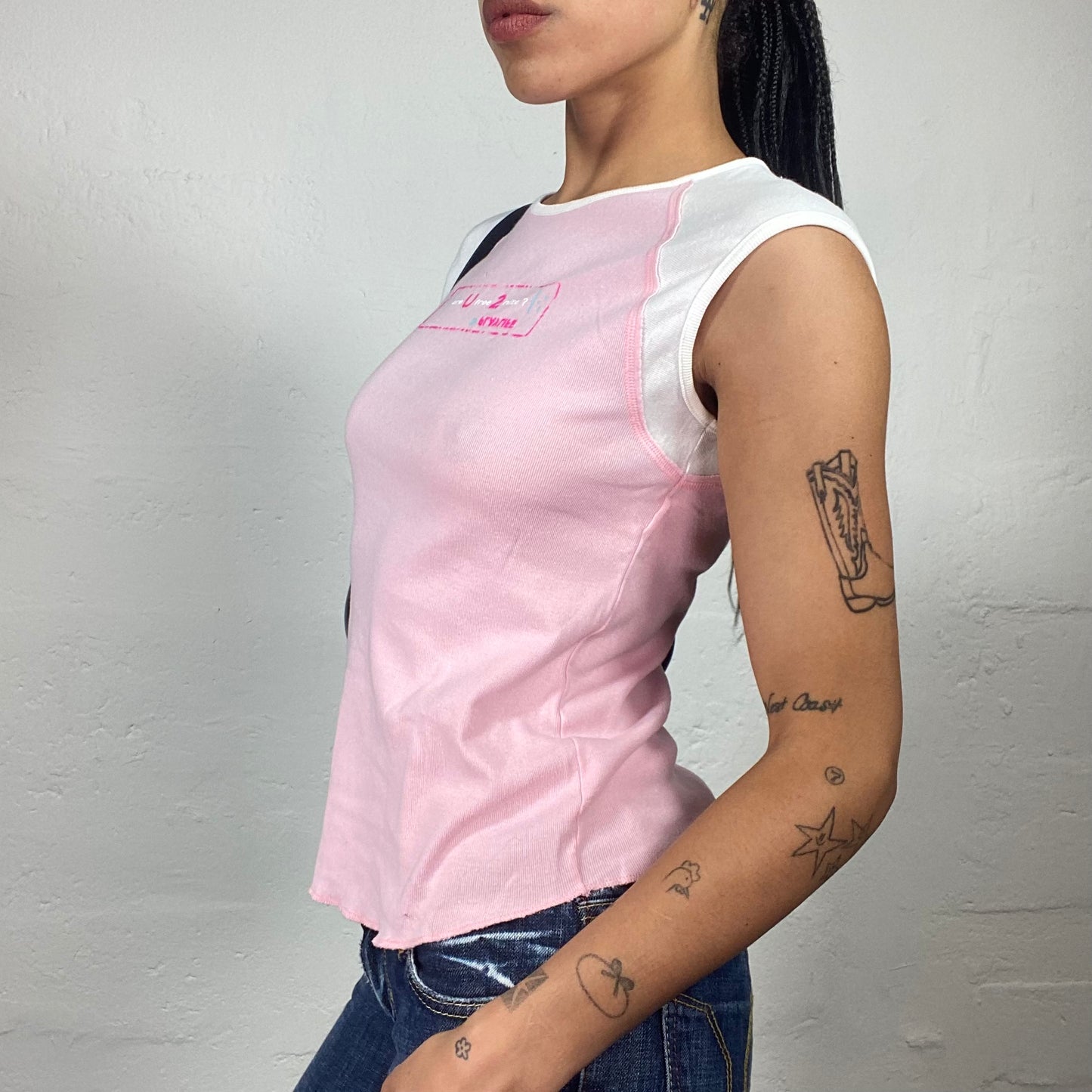 Vintage 2000's Soft Girl Baby Pink Jersey Tee with White Patches and Mini Typo Print (S)
