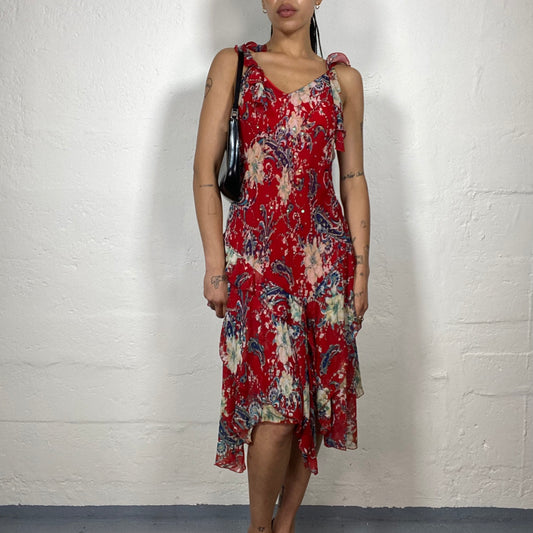 Vintage 2000's Boho Chic Red Asymmetric Layered Midi Dress with Boho Style Print (M)