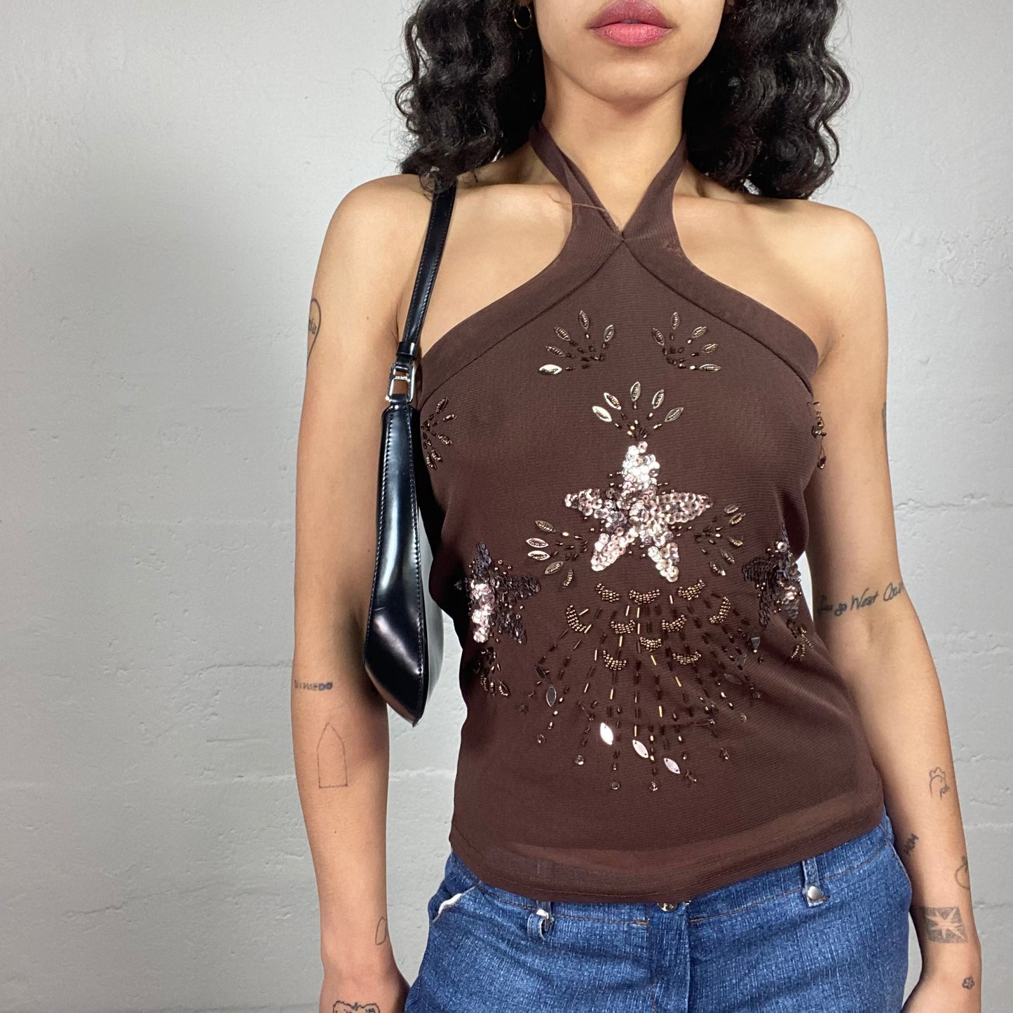 Vintage 2000's Summer Date Brown Jersey Neckholder Top with Multiple Floral Sequins Embroidery (XL/XXL)