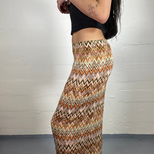 Vintage 90’s Summer Brown and Orange Toned Printed Maxi Skirt (XL)