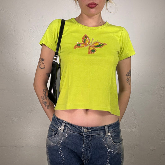 Vintage 90's Downtown Girl Light Green Shirt with Sequin Butterfly Print (M)