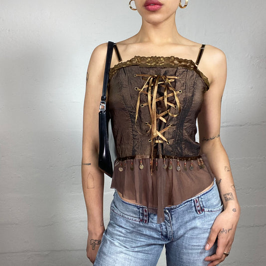 Vintage 2000's Baroque Brown Corset Style Cami Top with Multiple Details (M)