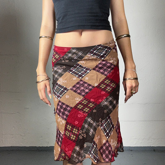 Vintage 2000's Boho Girl Black Beige and Red Midi Chiffon Skirt with Squired Checkered and Floral Print (S)