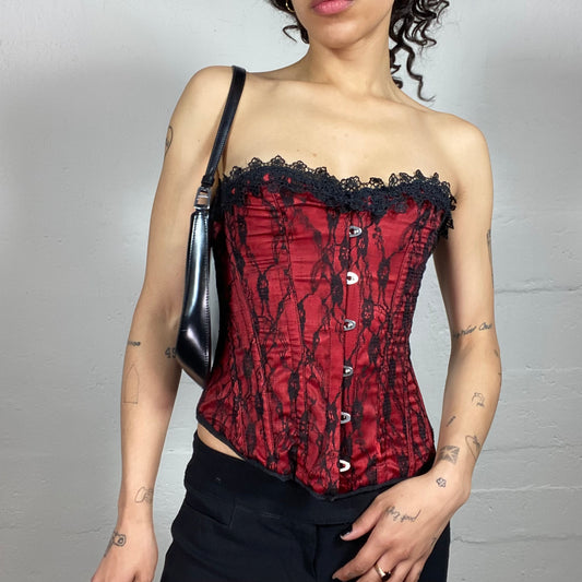 Vintage 2000's Katherine Pierce Gothic Blood Red Classic Corset with Black Lace Trim (M)
