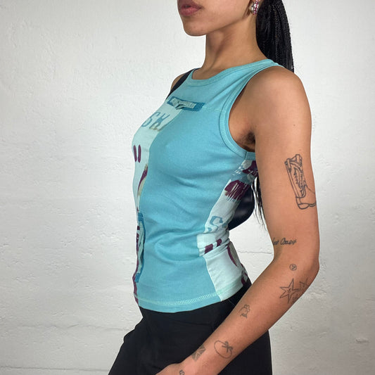 Vintage 2000’s Downtown Girl Blue Jersey Cami Top with Abstract Typo Details Purple Print (S)