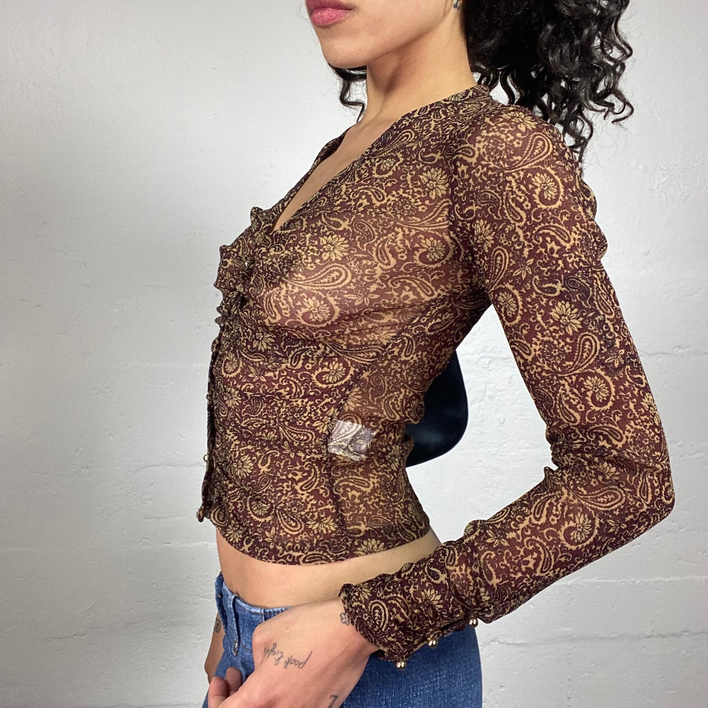 Vintage 2000's Boho Girl Brown Mesh Printed Button Up Longsleeve Top (M)