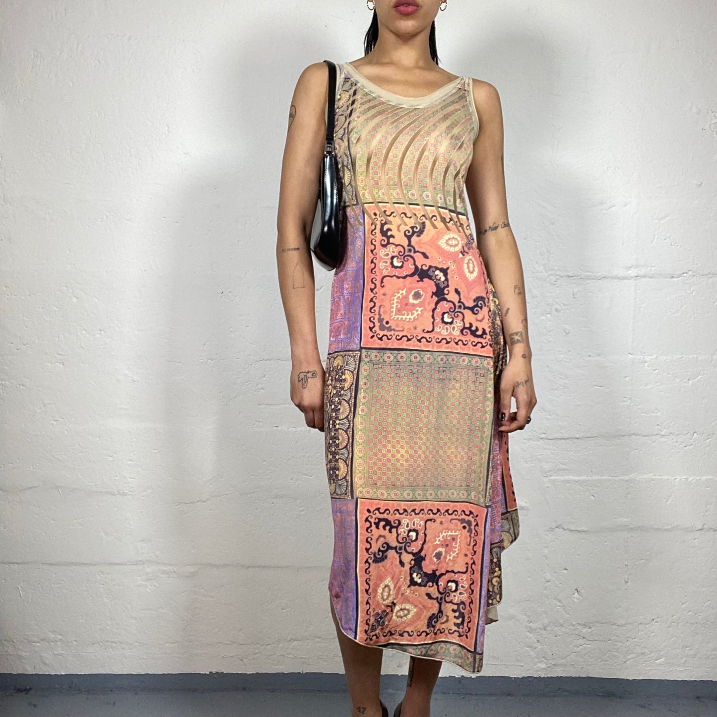 Vintage 2000's Boho Girl Pastel Palette Boho Printed Asymmetric Trim Midi Dress (S)
