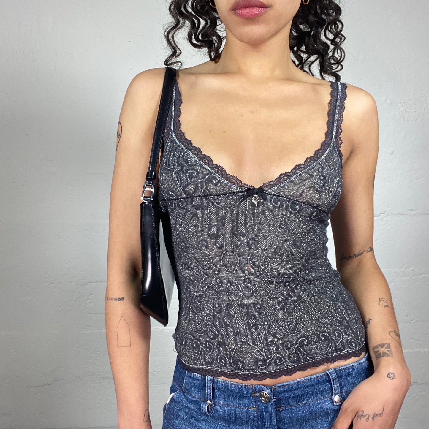 Vintage 2000's Boho Black Printed Cami Top with Tiny Ribbon Detail (XS)
