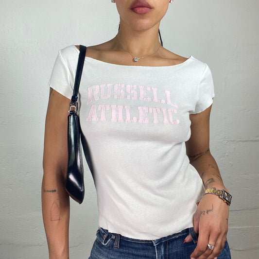 Vintage 2000's Downtown Girl White Jersey Boat Cut Baby Tee with Pink Russell Athletic Print (M)