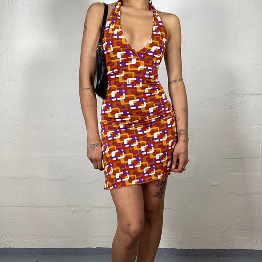 Vintage 2000's Summer Girl Orange Mini Neckholder Dress with Geometric Print (S)