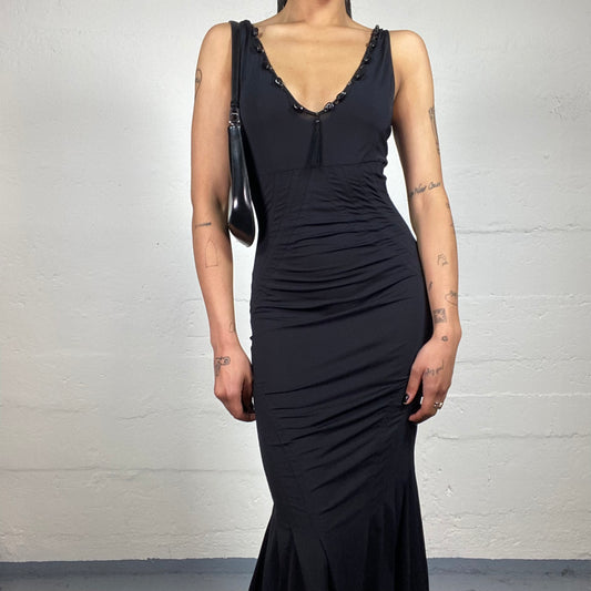Vintage 2000's Roberto Cavalli Old Money Black V-Cut Slim Fitted Black Classy Midi Dress (S)