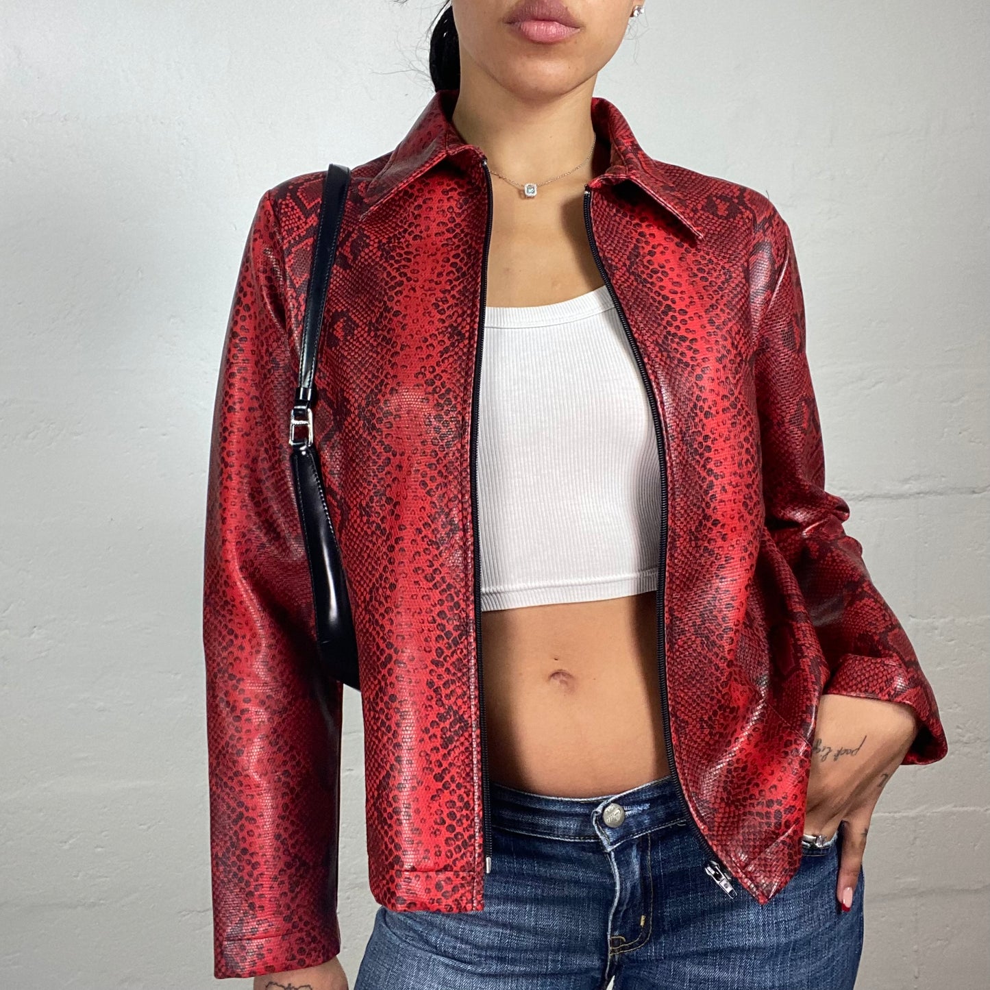 Vintage 2000's Downtown Girl Blood Red Snake Skin Effect Zip Up Jacket (L)