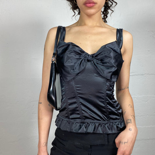Vintage 2000's Coquette Black Silky Cami Top with Ribbon Bra (S)