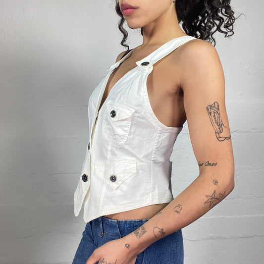Vintage 2000's Skater Girl White Metal Button Up Vest Top (S)