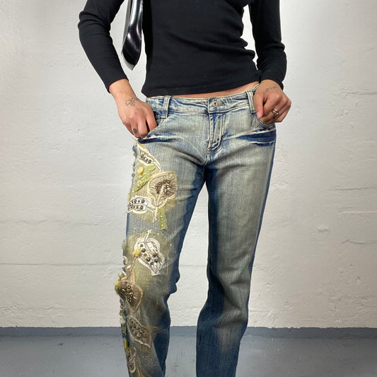 Vintage 2000's Cowgirl Blue Beige Wash Outs Low Waisted Bootcut Jeans with Boho Style Embroidery (M/L)